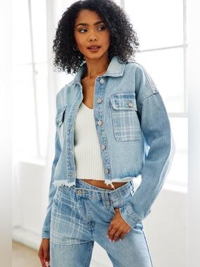 KanCan Rigid Plaid Cropped Jean Jacket NWOT